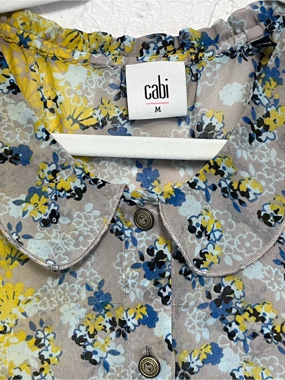 CAbi Yellow Gray Floral Button-Up Peter Pan Collar Sheer Sleeveless Blouse
